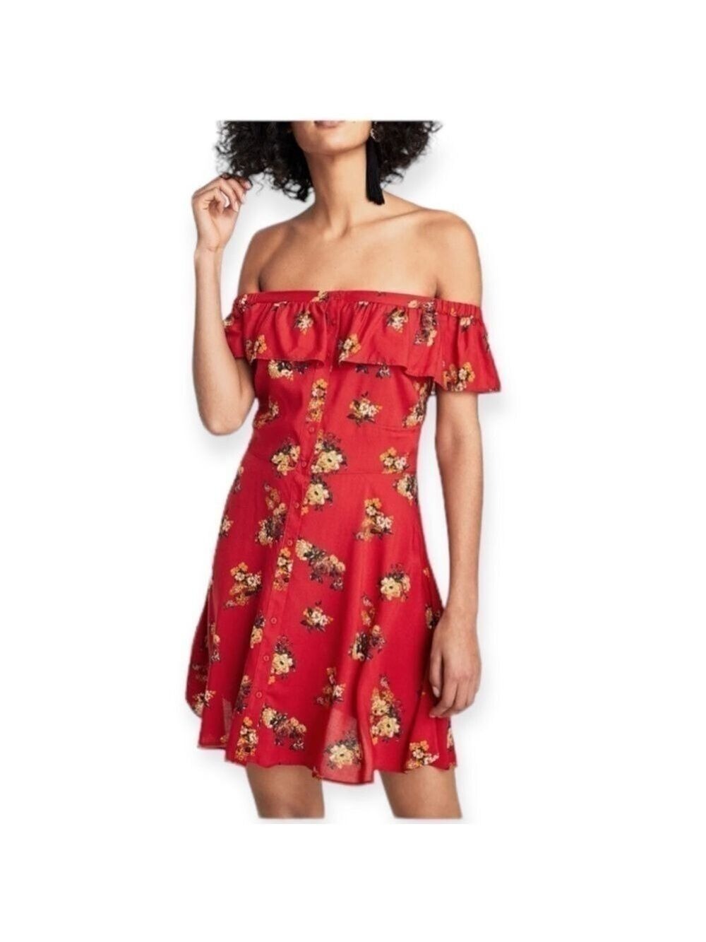 Zara Dress Red Floral Off Shoulder Size S Cocktail Beach Festival Boho Y2K